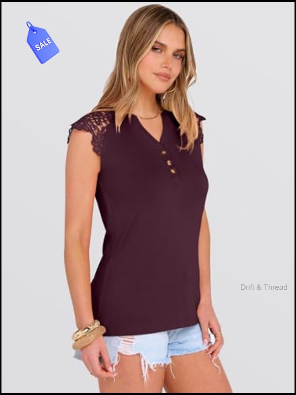 Sleeveless Lace Henley Top with Button Down Front for Office Travel - Picture 5 of 7